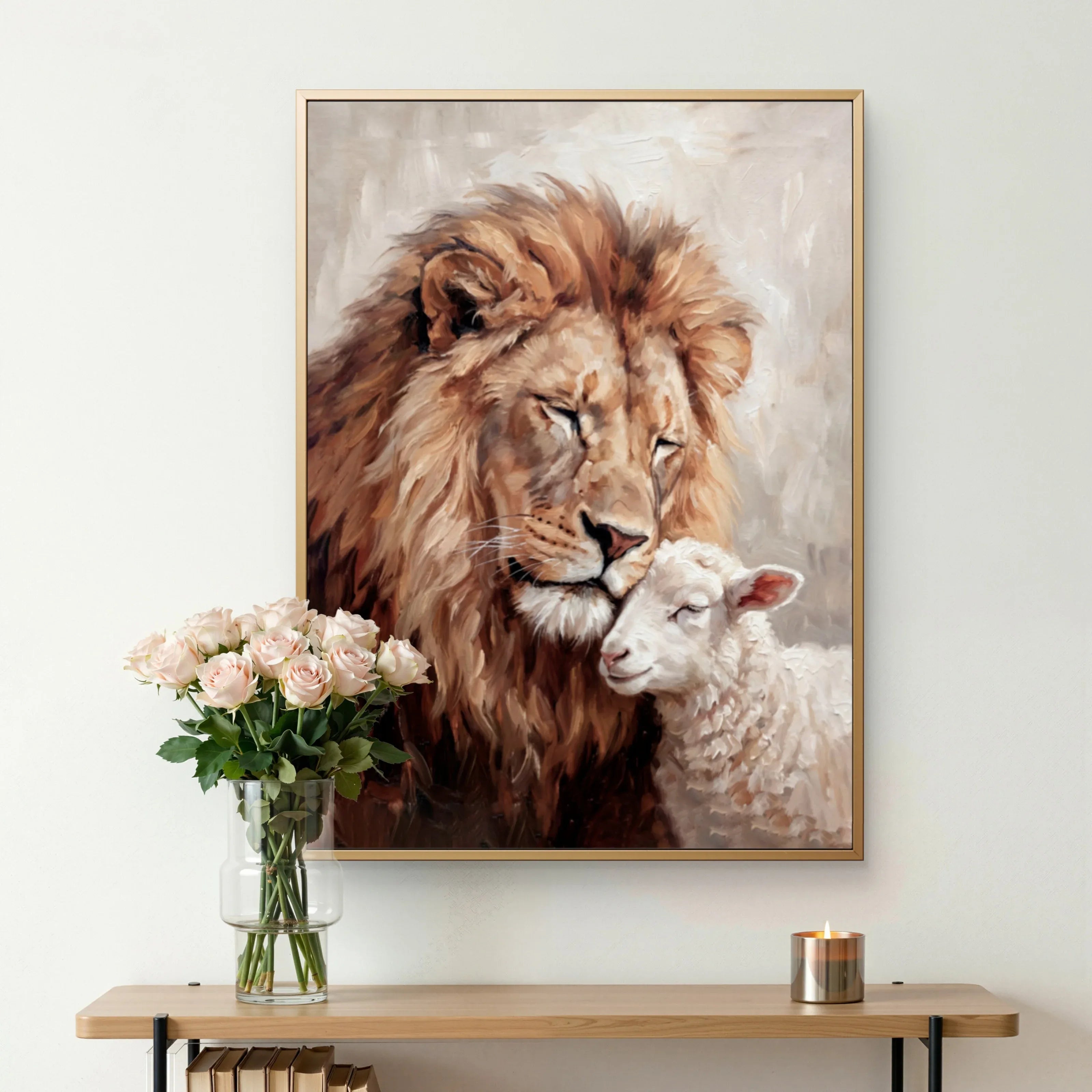 Framed artwork of a lion and a lamb on a wall above a wooden shelf with decor items.