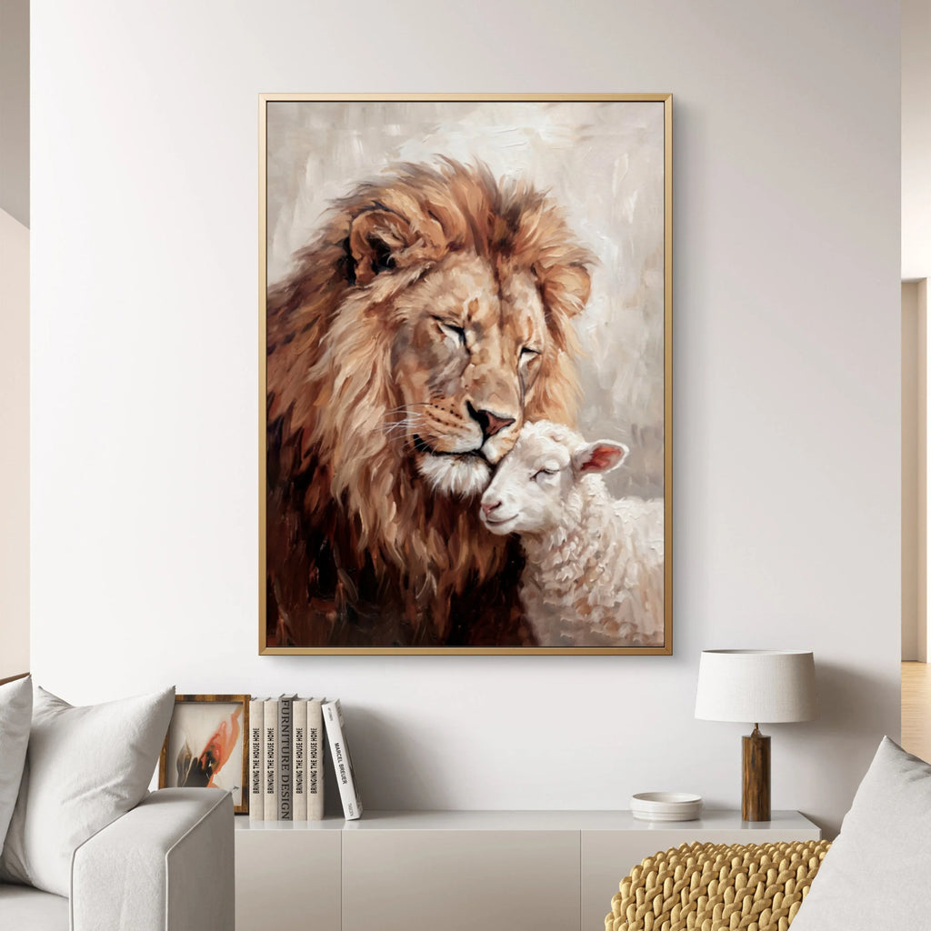 Framed artwork of a lion and lamb on a wall in a living room.